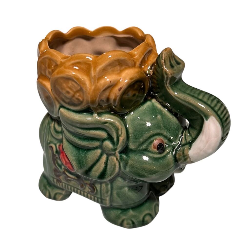 Lucky Green Elephant Trunk Up Ceramic Painted and Glazed Coin Basket Planter